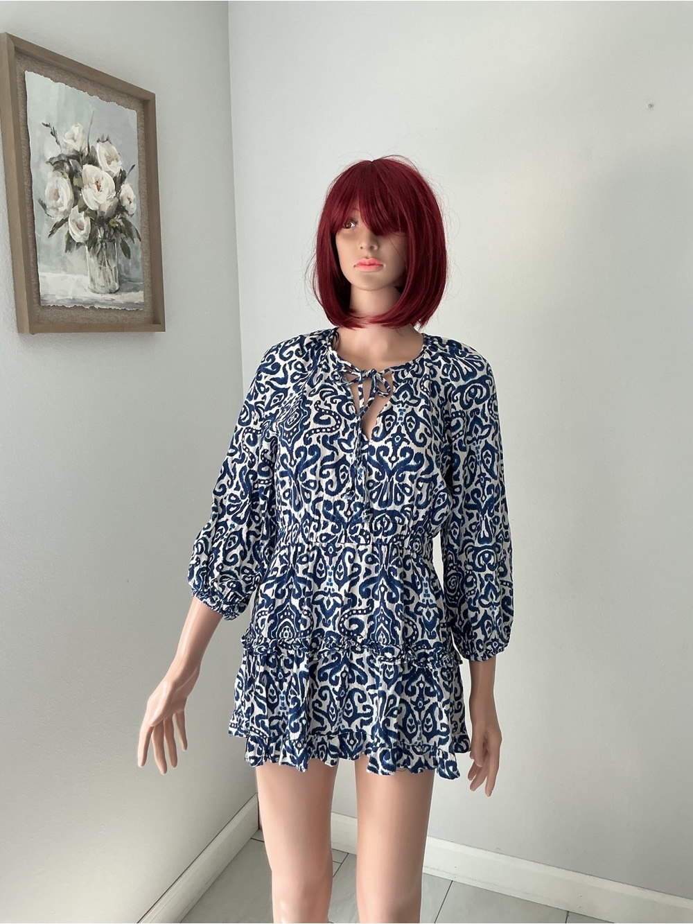Zara Blue and White Printed Mini Dress
